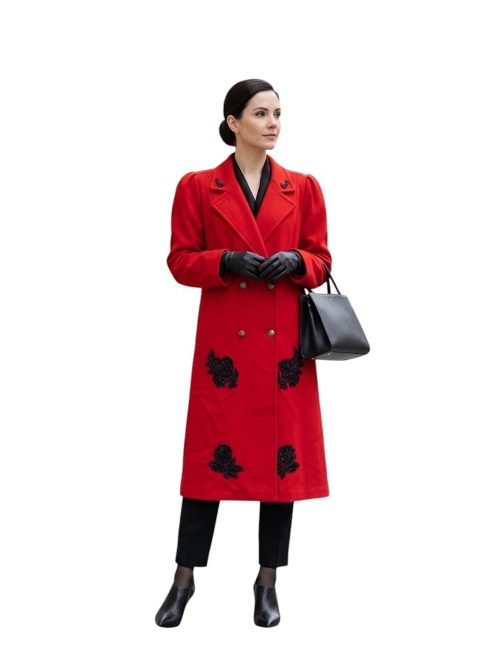 Vintage Jofeld Red Wool Coat Black Floral Appliqué USA Midi Jacket